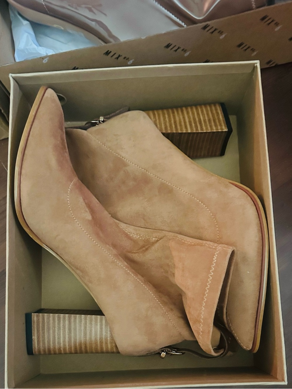 Buckle Tan Suede Ankle Boots with Stacked Block Heel